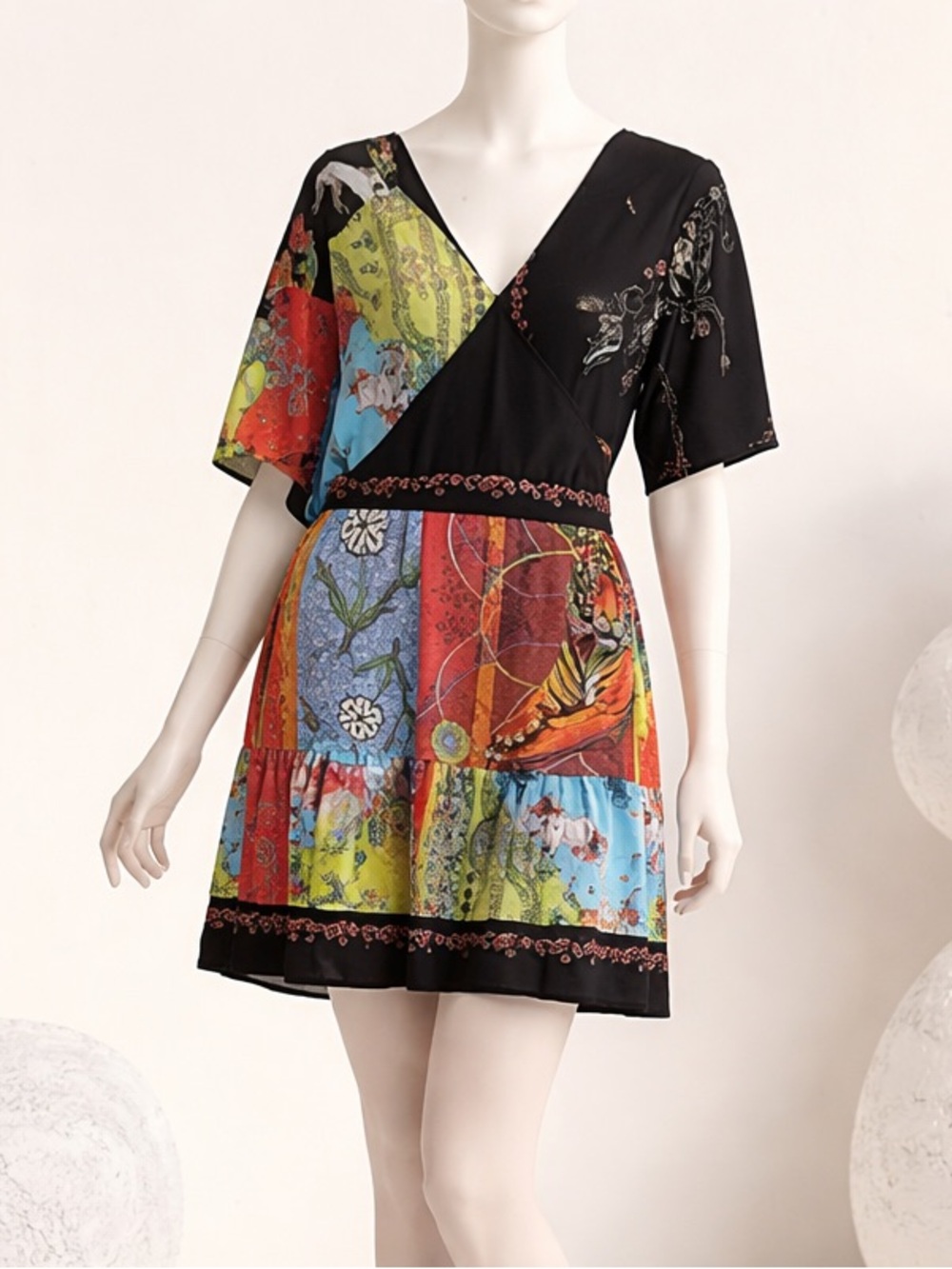 DESIGUAL EQUESTRIAN TIGER PRINT V-NECK DRESS US SZ 10 NWT